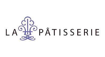 The image shows a logo for "La Pâtisserie." The design features elegant black text on a white background, with a decorative symbol resembling a stylized letter "P" or an artistic flourish.fitting for a bakery or pastry shop.